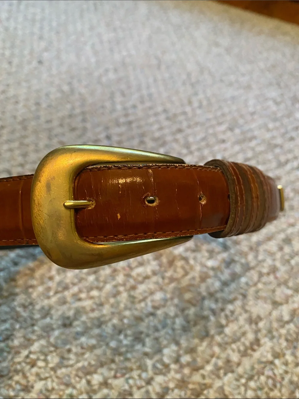 Women’s Tan Croc Embossed Leather Belt with Gold-Tone Buckle